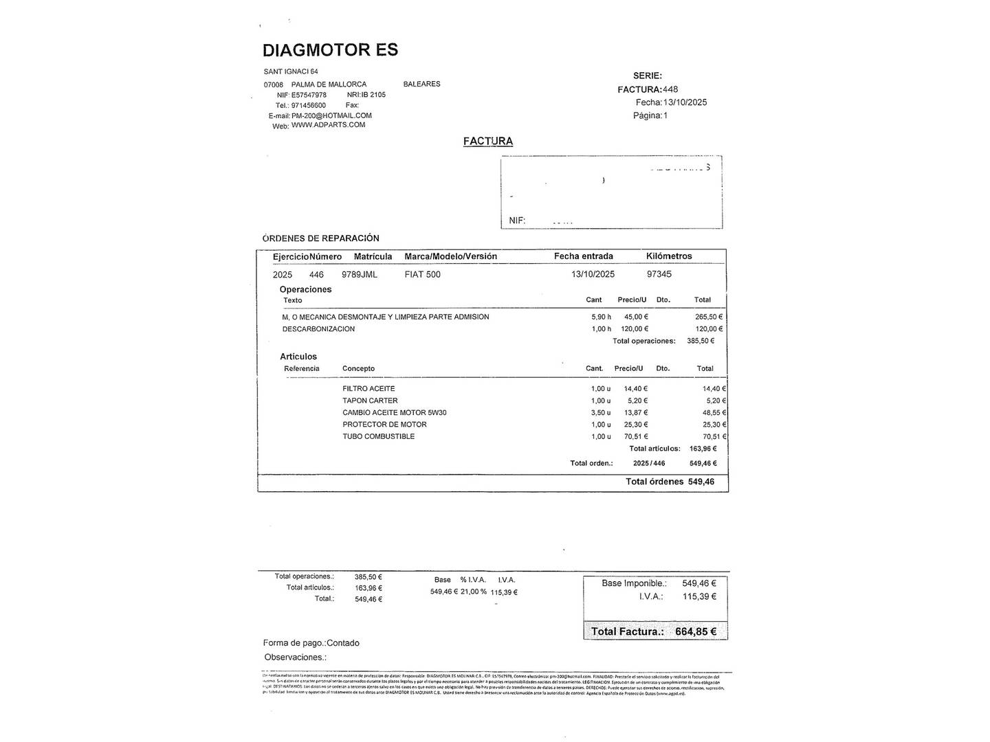 Foto del mantenimiento del Fiat 500L Fiat 500L 1.3 MultiJet II S&S Pop Star (85 CV)